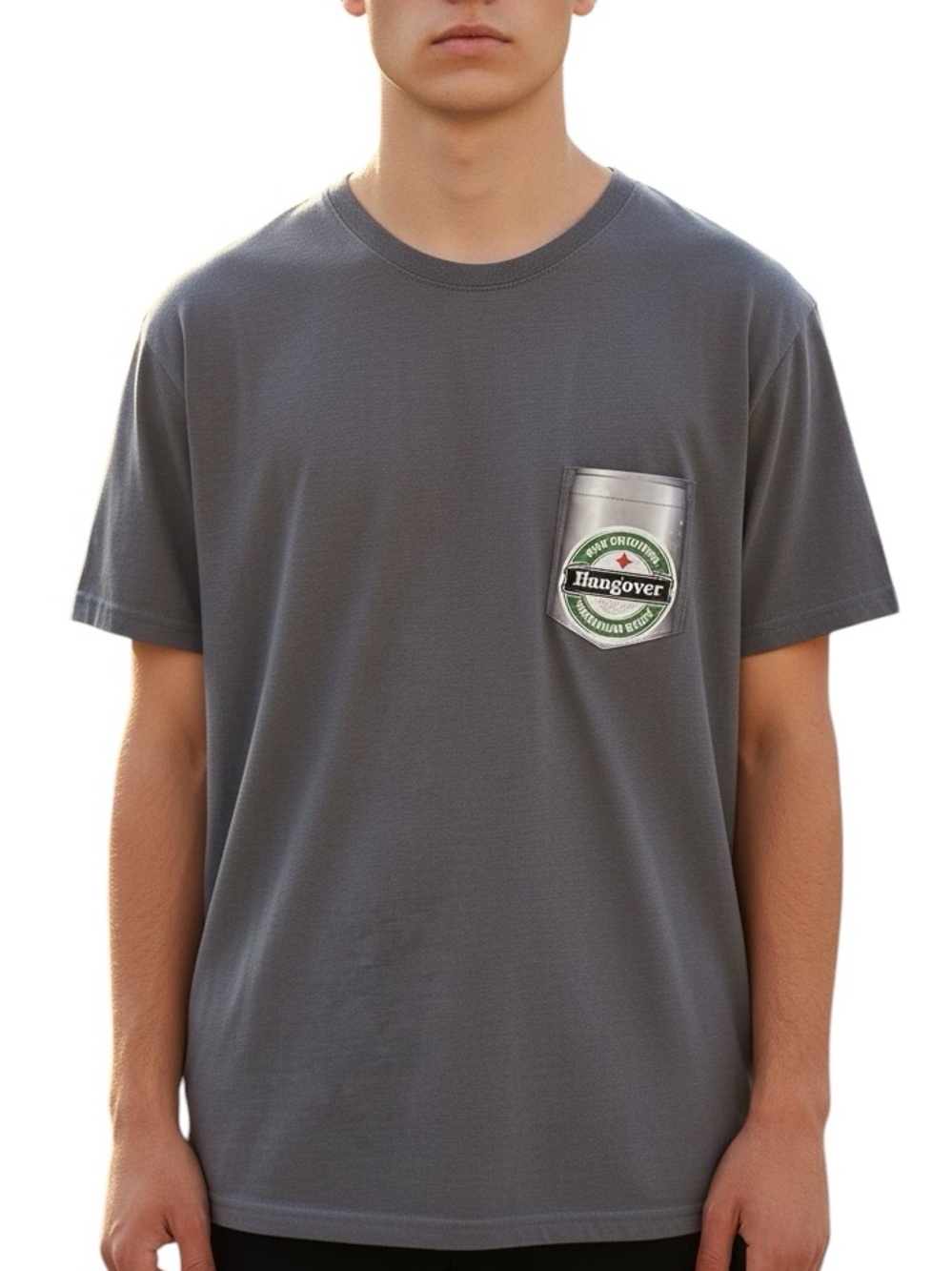 Kolby Men’s Gray Pocket Graphic T‑Shirt Hungover Can Print Crewneck Size Large
